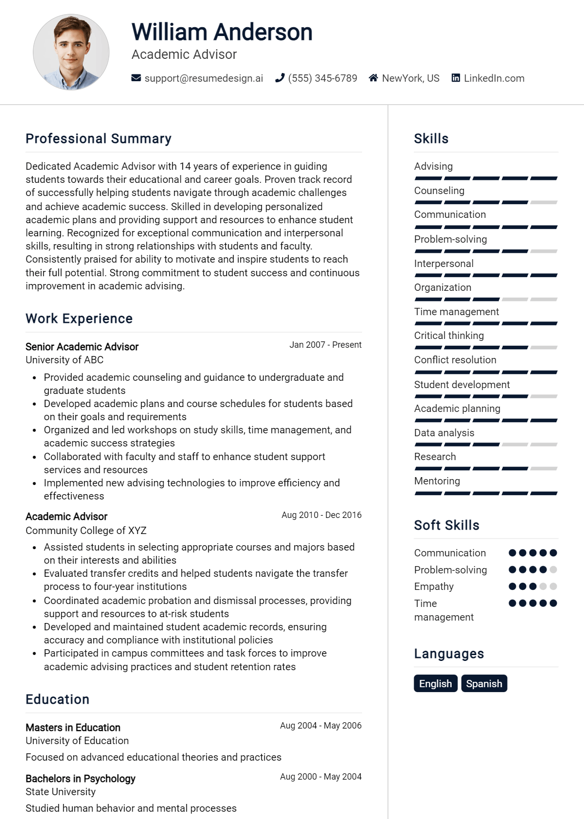 Academic Advisor Resume Example