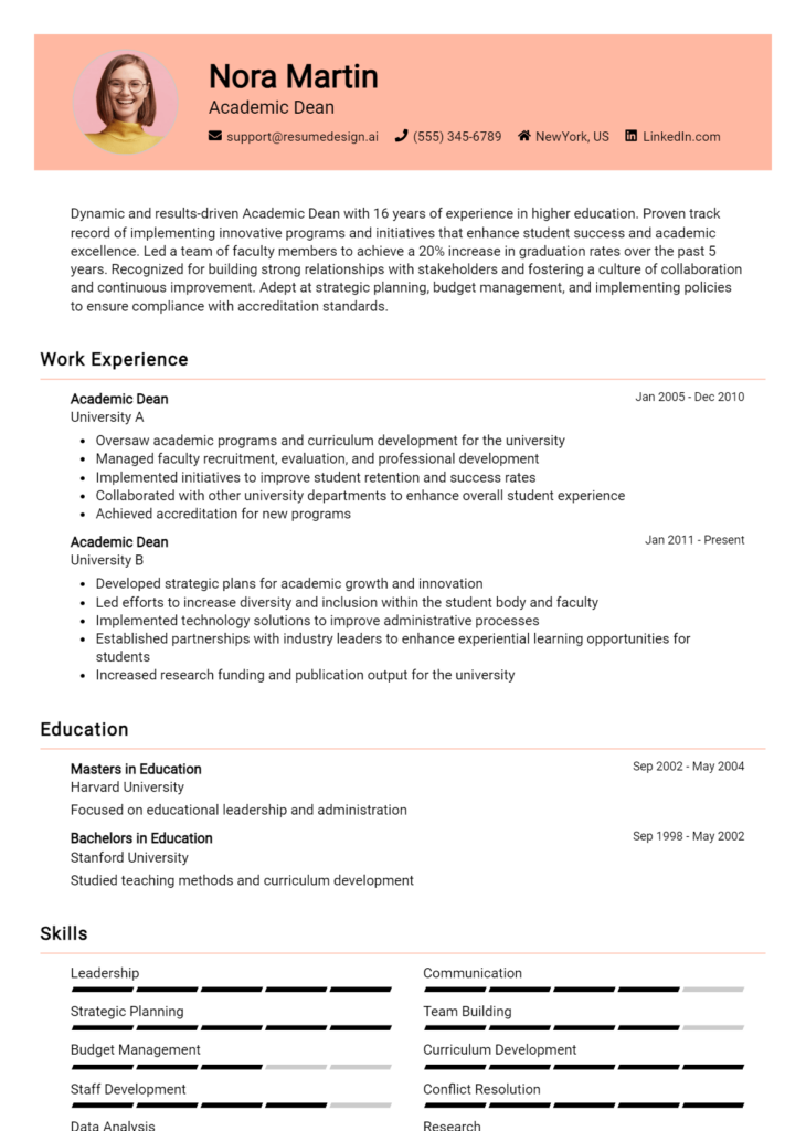 Academic Dean Resume Example