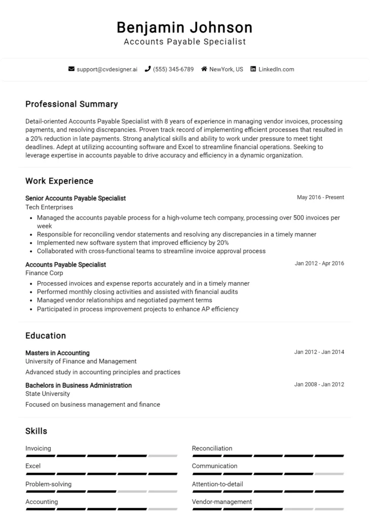 Accounts Payable Specialist Resume Example