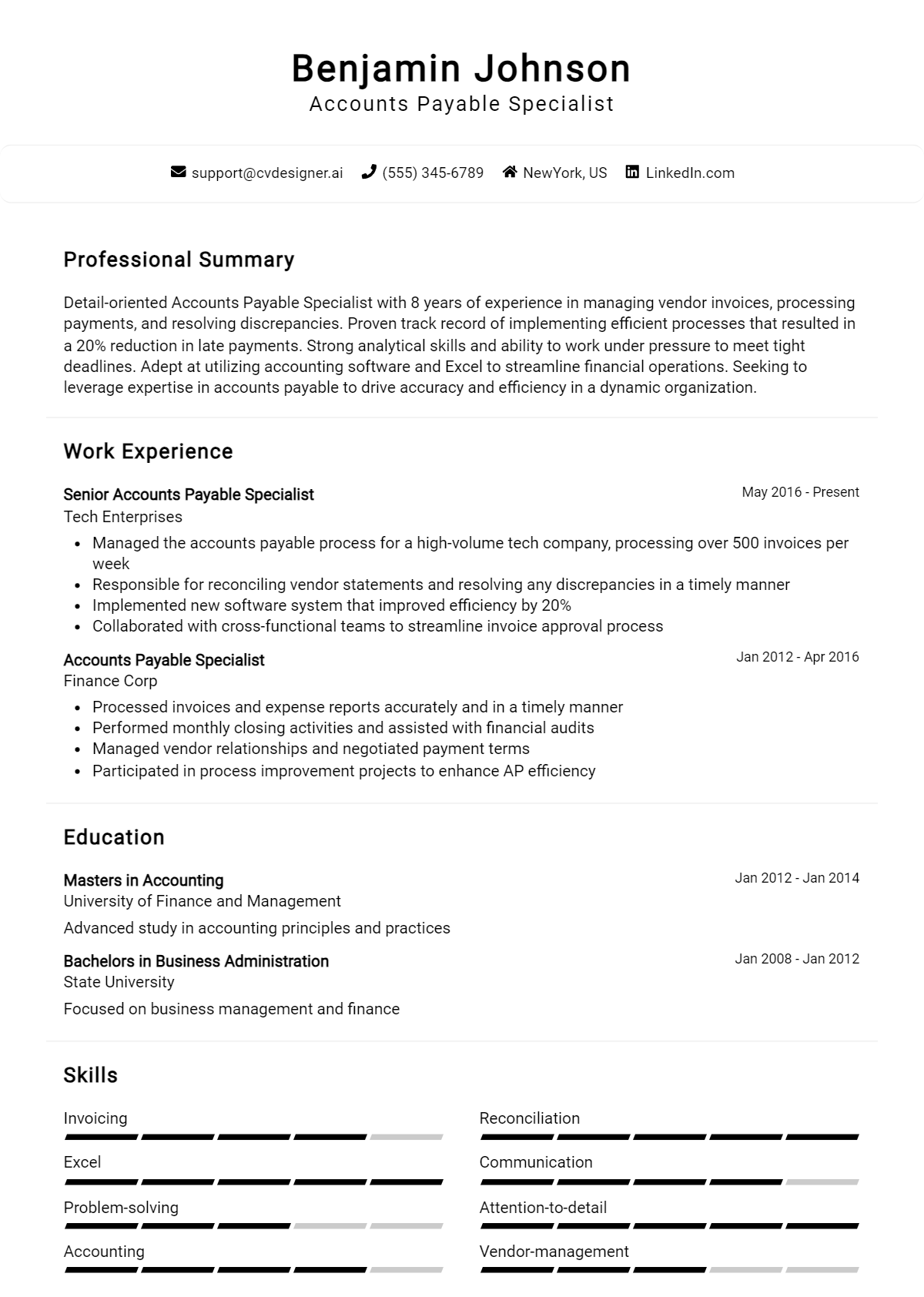 Accounts Payable Specialist Resume Example