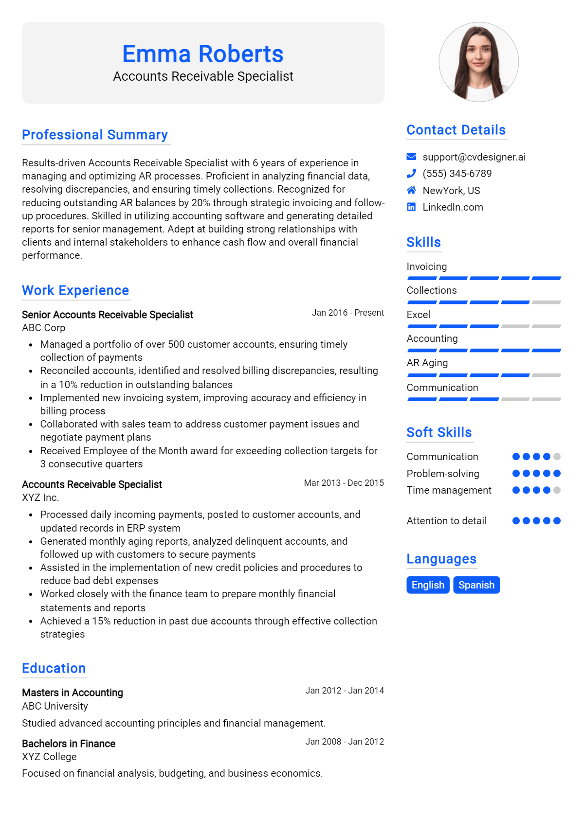 Accounts Receivable Specialist Resume Example