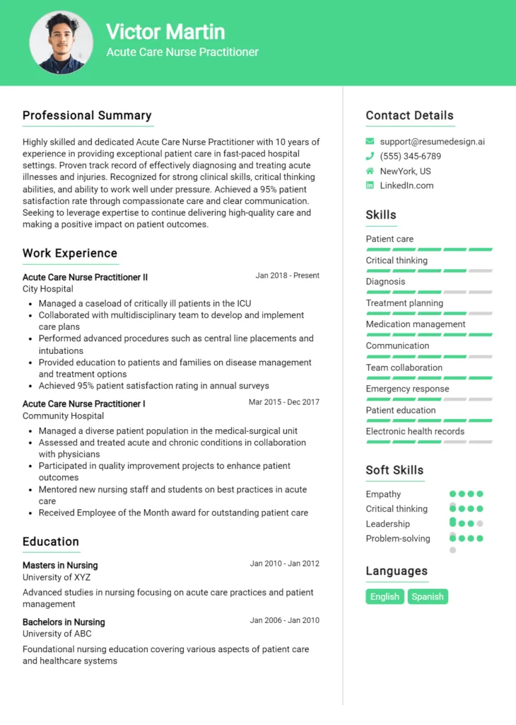 Acute Care Nurse Practitioner Resume Example