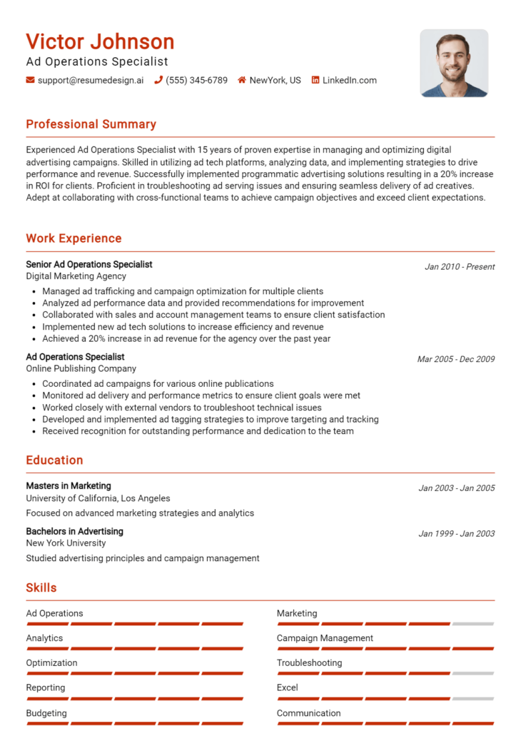 Ad Operations Specialist Resume Example