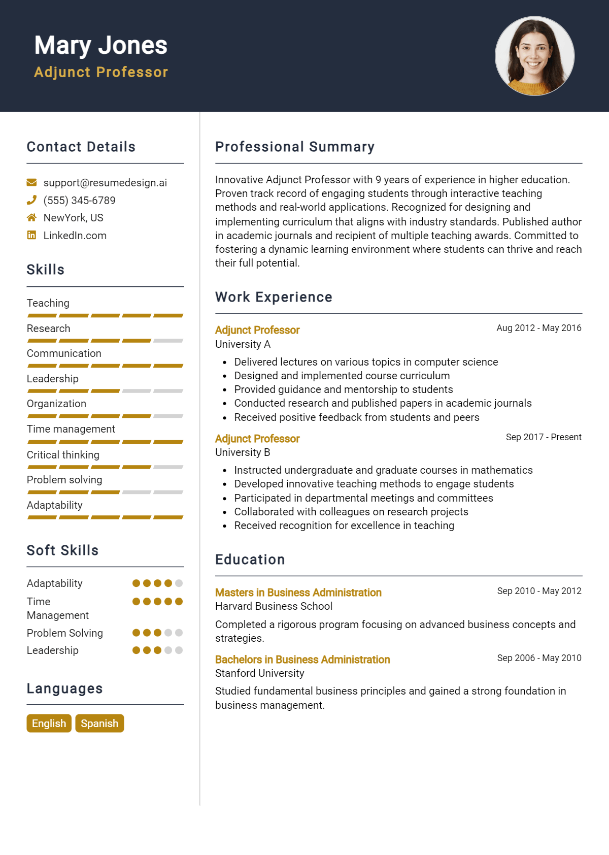 Adjunct Professor Resume Example