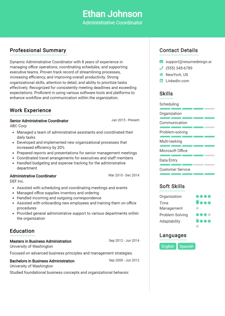 Administrative Coordinator Resume Example