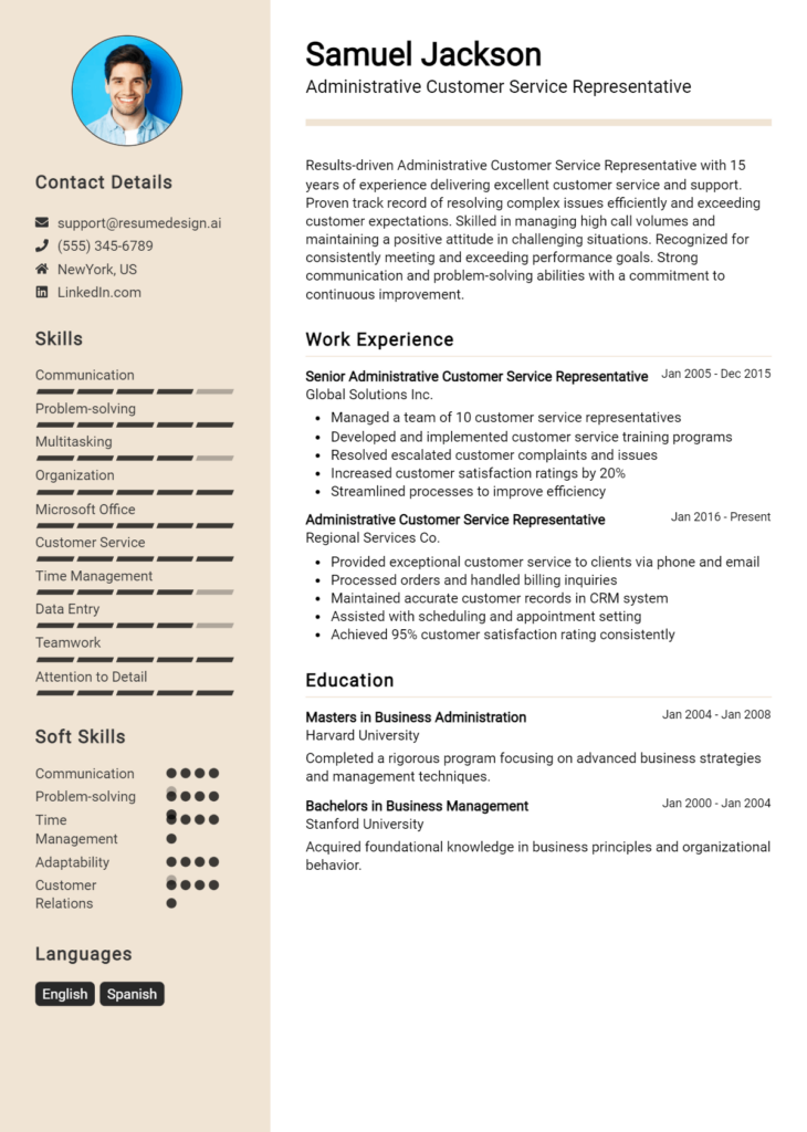 Administrative Customer Service Representative Resume Example