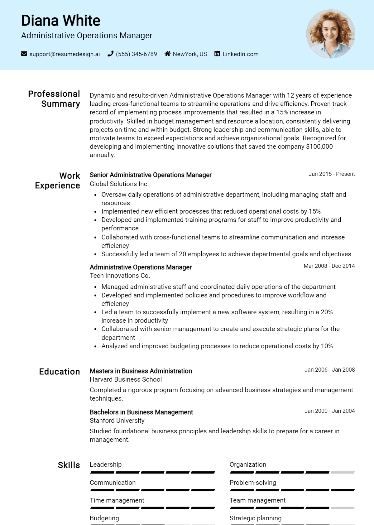 Administrative Operations Manager Resume Example