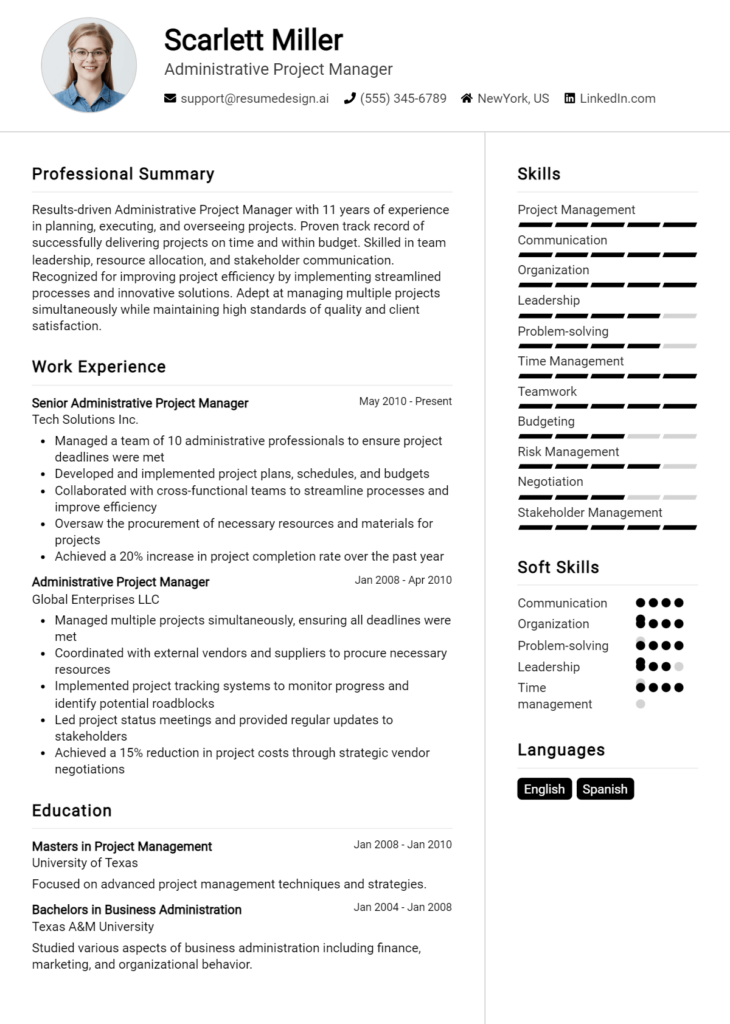 Administrative Project Manager Resume Example