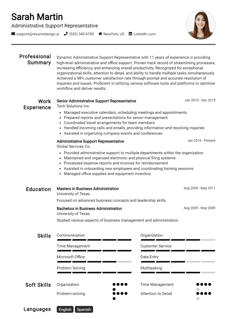 Administrative Support Representative Resume Example