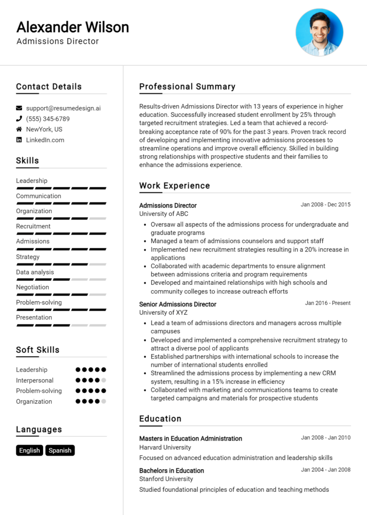 Admissions Director Resume Example