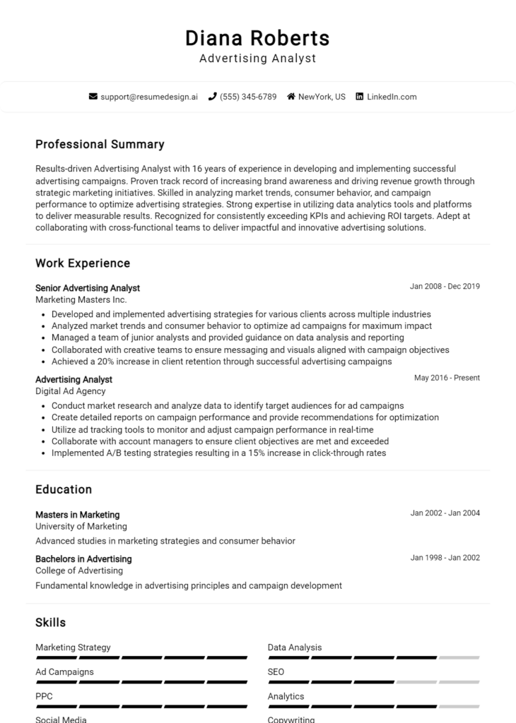 Advertising Analyst Resume Example