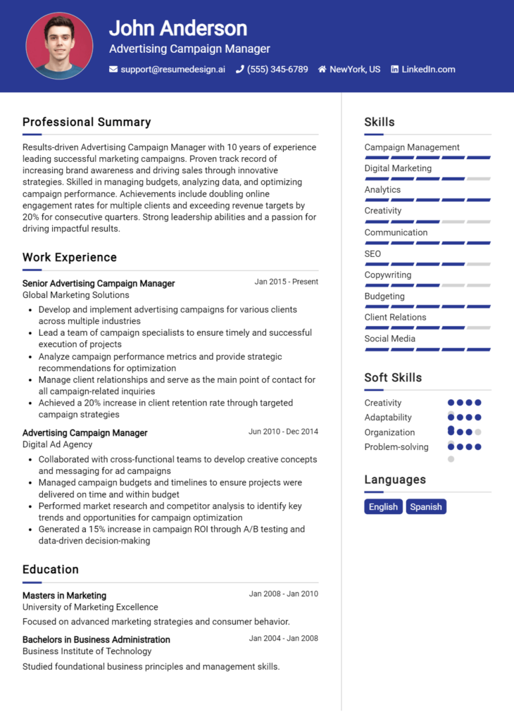 Advertising Campaign Manager Resume Example