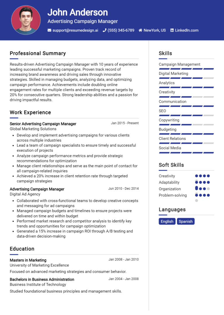 20 Advertising Campaign Manager Resume Examples And Templates for 2025