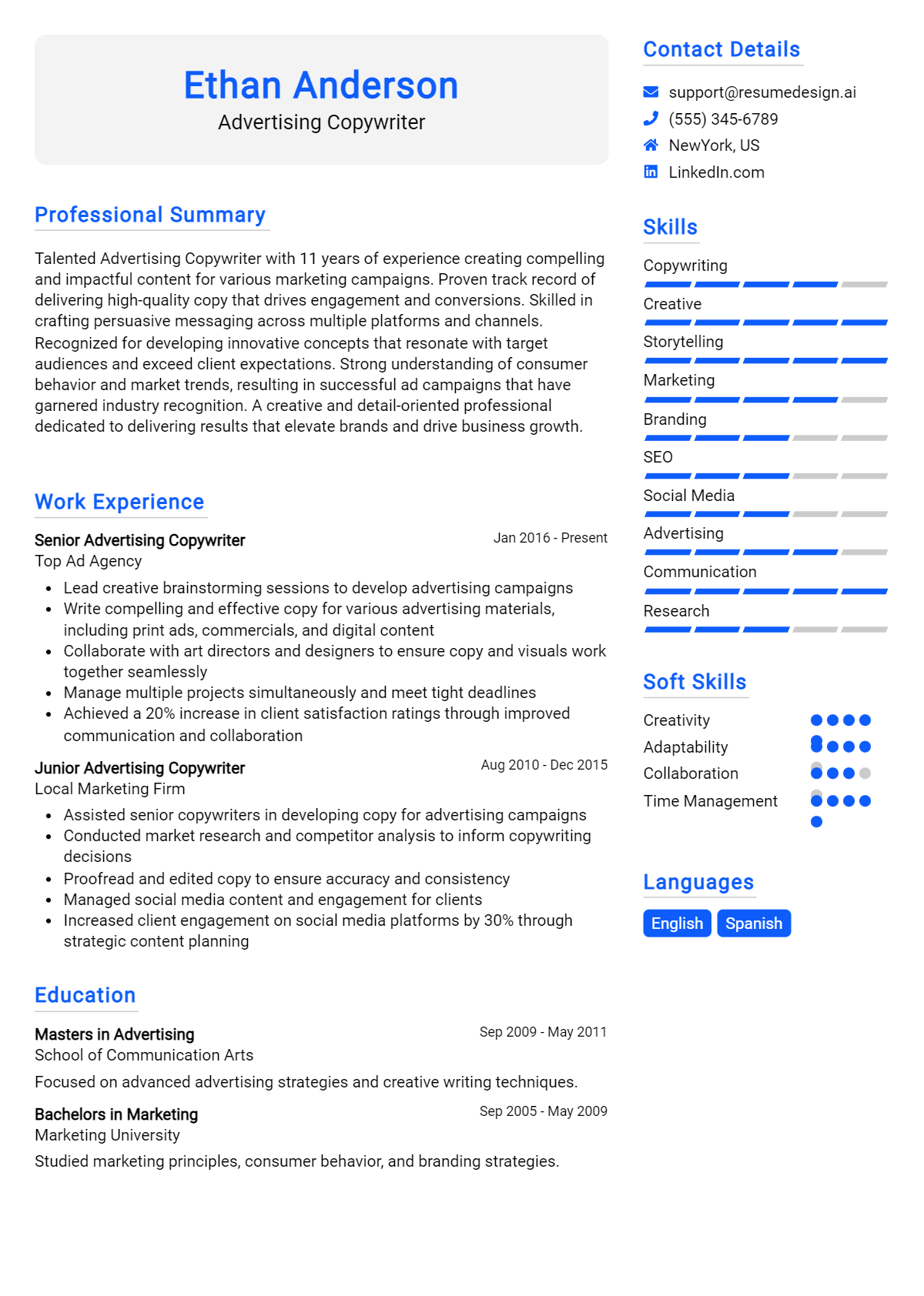 Advertising Copywriter Resume Example