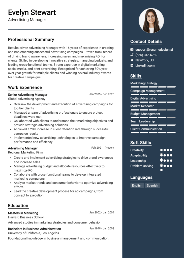 Advertising Manager Resume Example