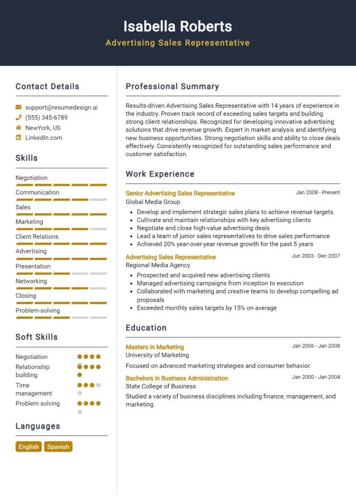 Advertising Sales Representative Resume Example