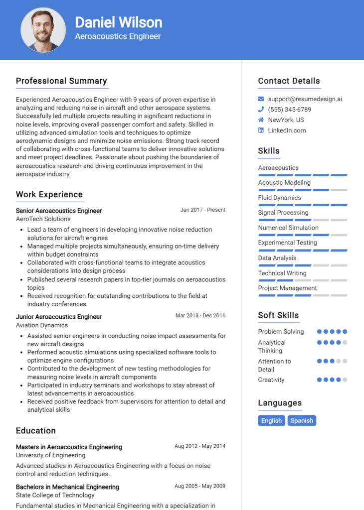 Aeroacoustics Engineer Resume Example