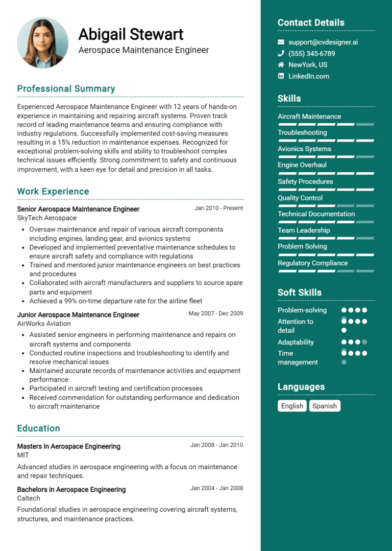 14 Aerospace Maintenance Engineer Resume Examples And Templates for 2025