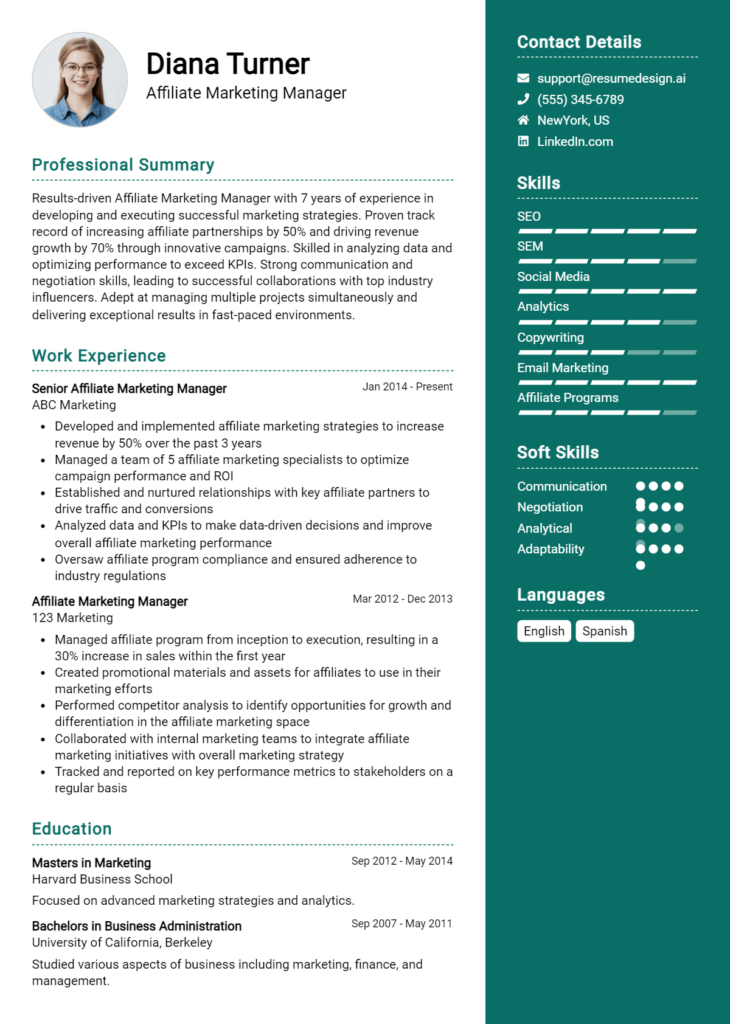 Affiliate Marketing Manager Resume Example