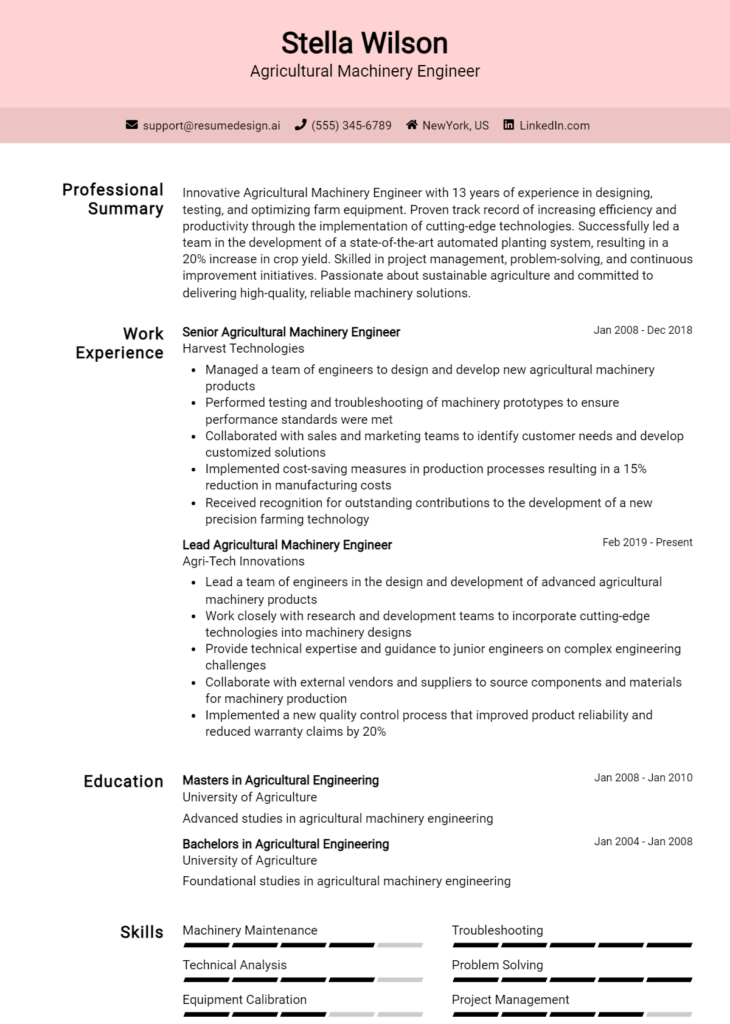 Agricultural Machinery Engineer Resume Example