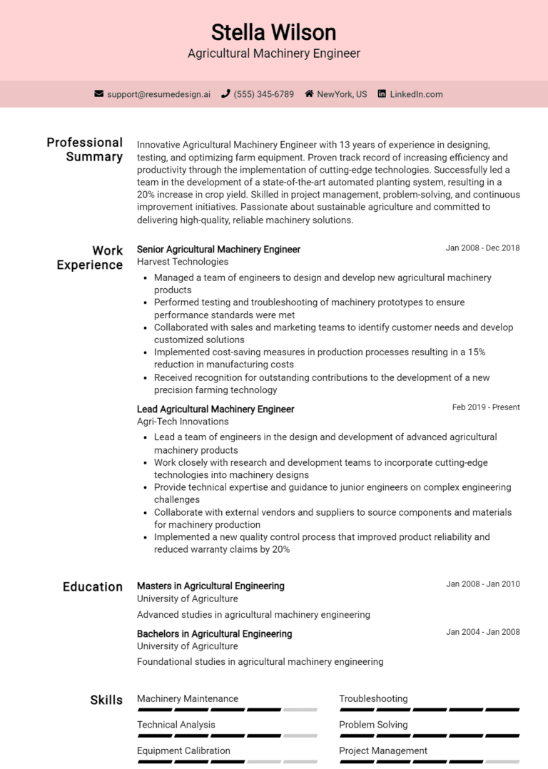 19 Agricultural Machinery Engineer Resume Examples And Templates for 2025