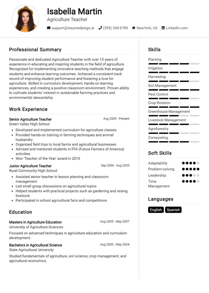 Agriculture Teacher Resume Example