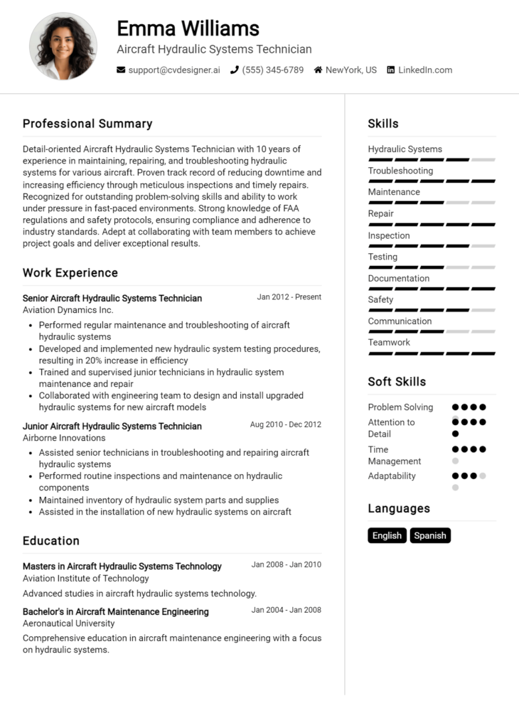 Aircraft Hydraulic Systems Technician Resume Example