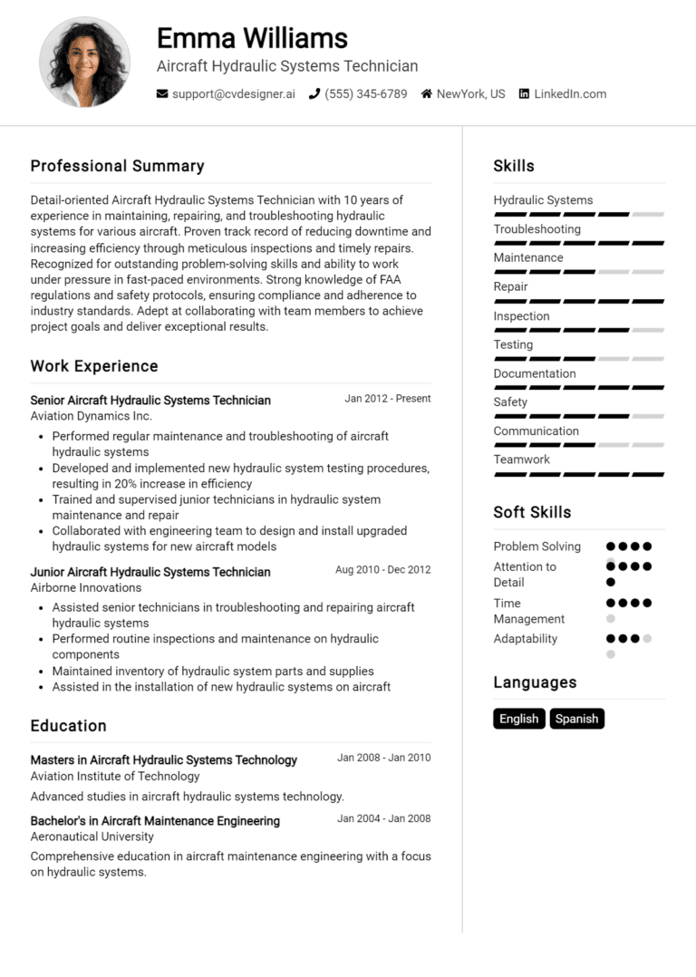 14 Aircraft Hydraulic Systems Technician Resume Examples And Templates for 2025