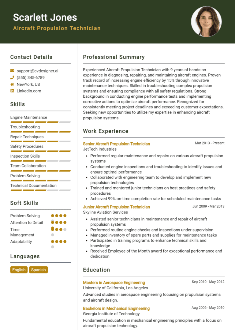 14 Aircraft Propulsion Technician Resume Examples And Templates for 2025