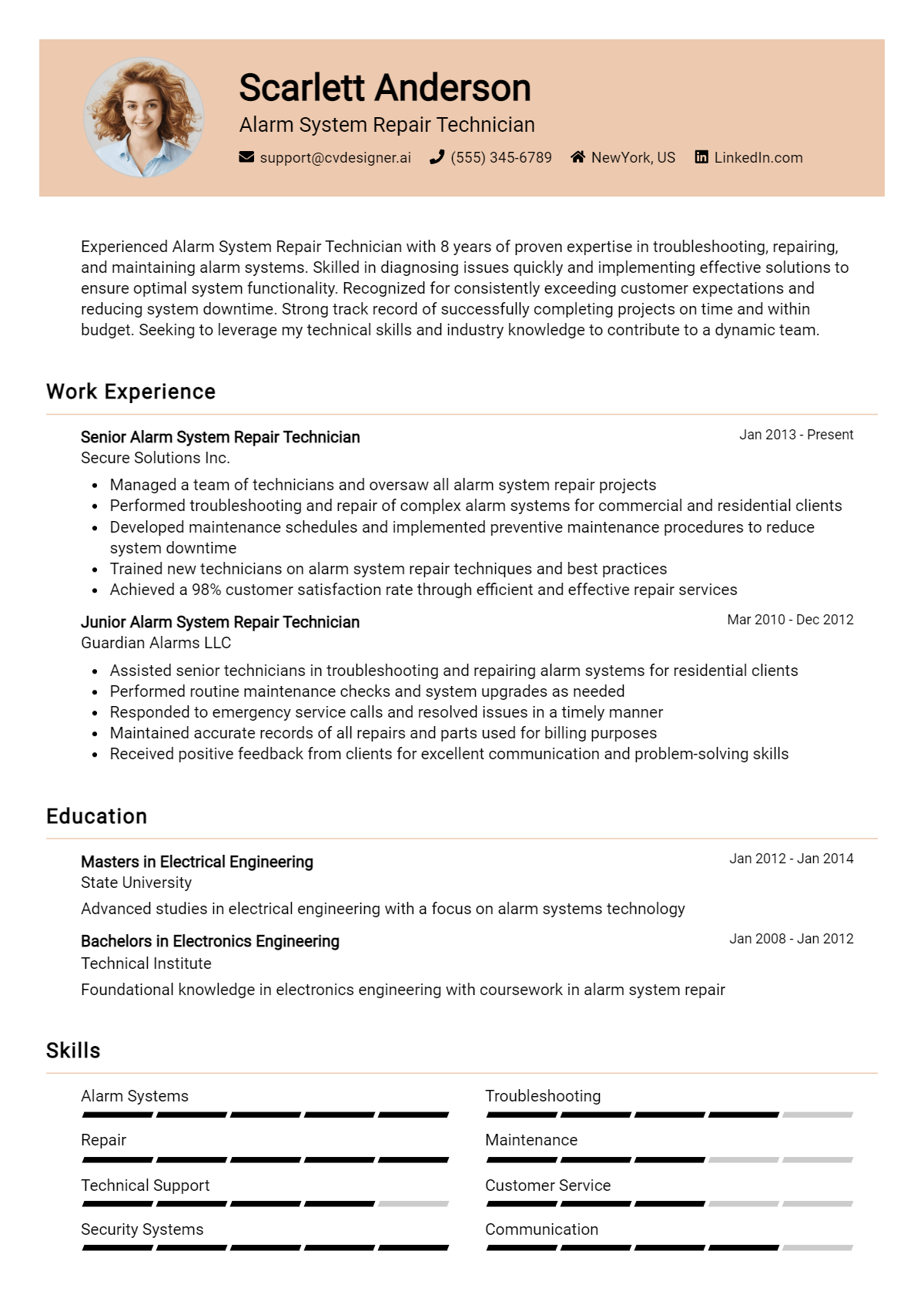 Alarm System Repair Technician Resume Example