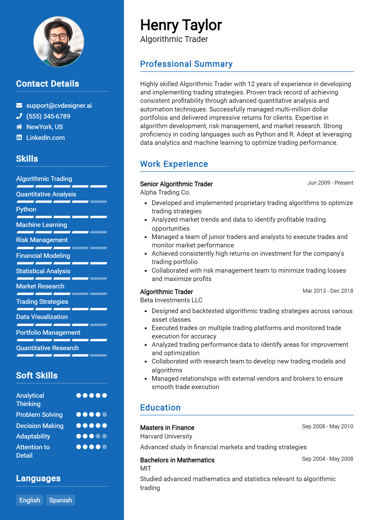 Algorithmic Trader Resume Example