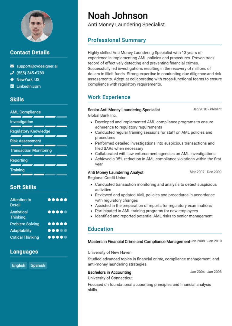 18 Anti-Money Laundering Specialist Resume Examples And Templates for 2025: Expert Tips