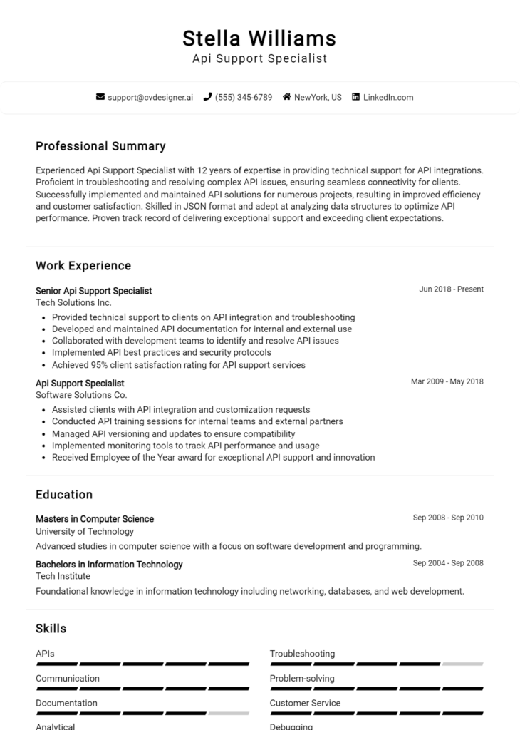 Api Support Specialist Resume Example