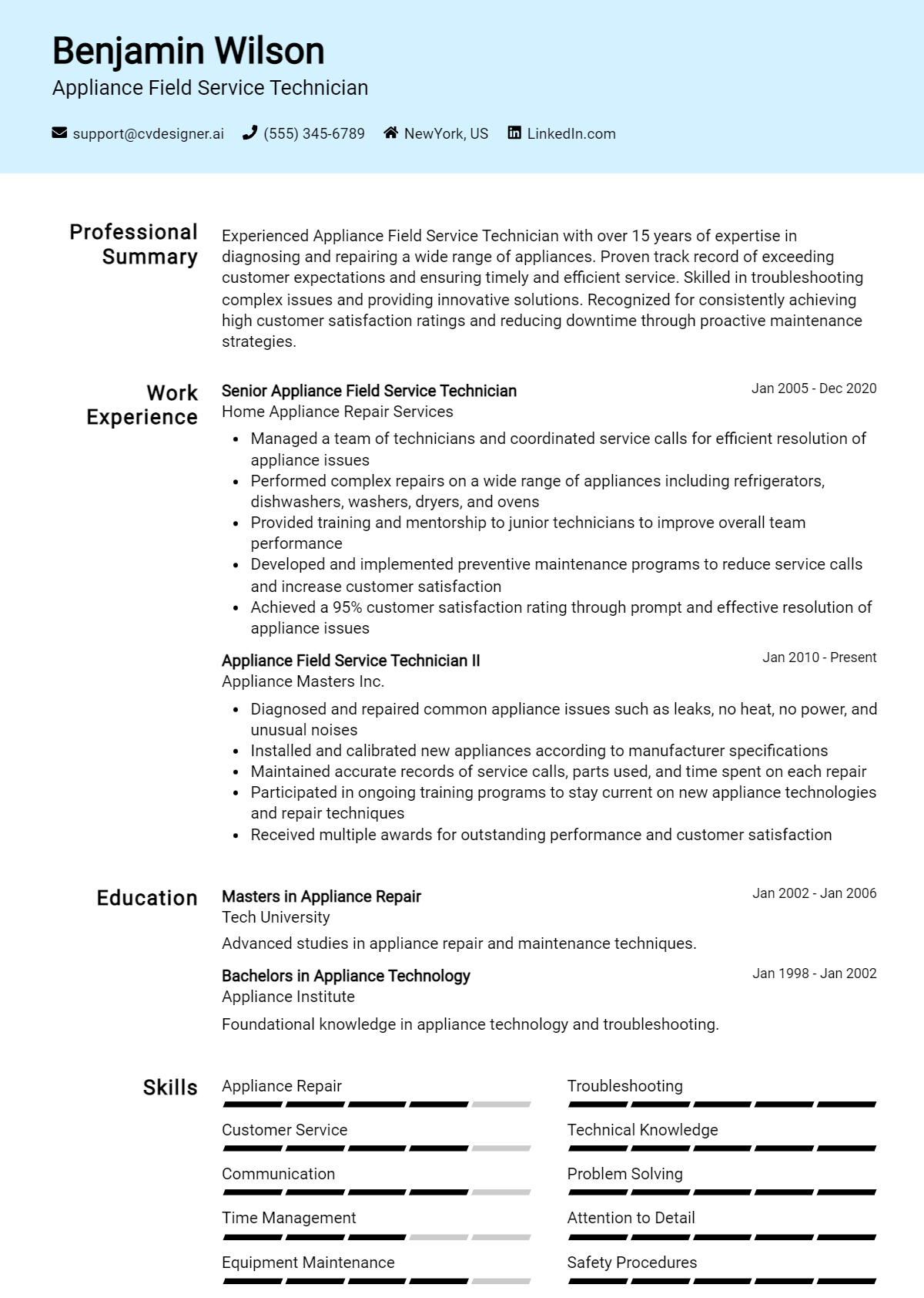 Appliance Field Service Technician Resume Example