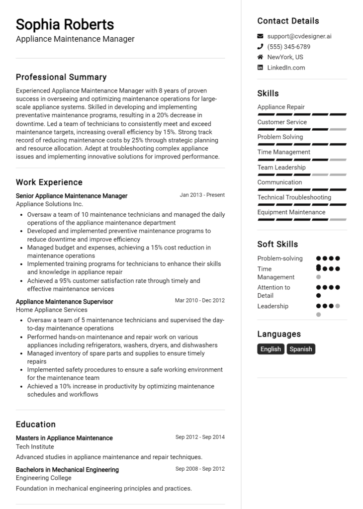 Appliance Maintenance Manager Resume Example