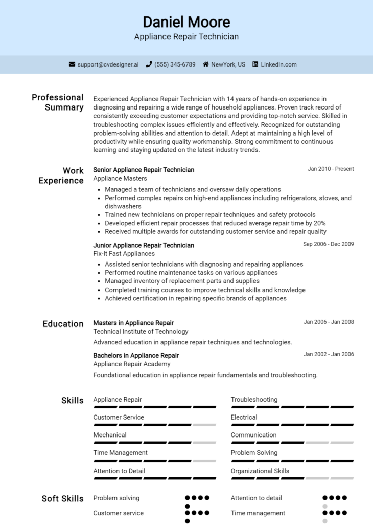 Appliance Repair Technician Resume Example