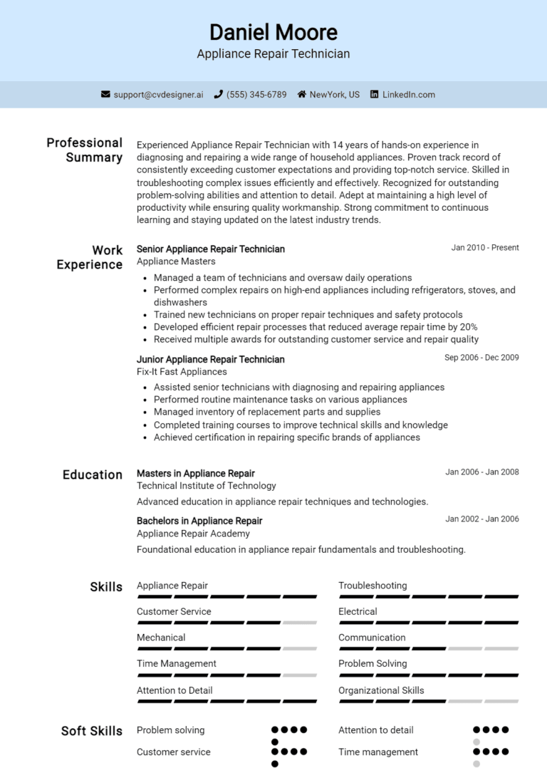 12 Appliance Repair Technician Resume Examples And Templates for 2025