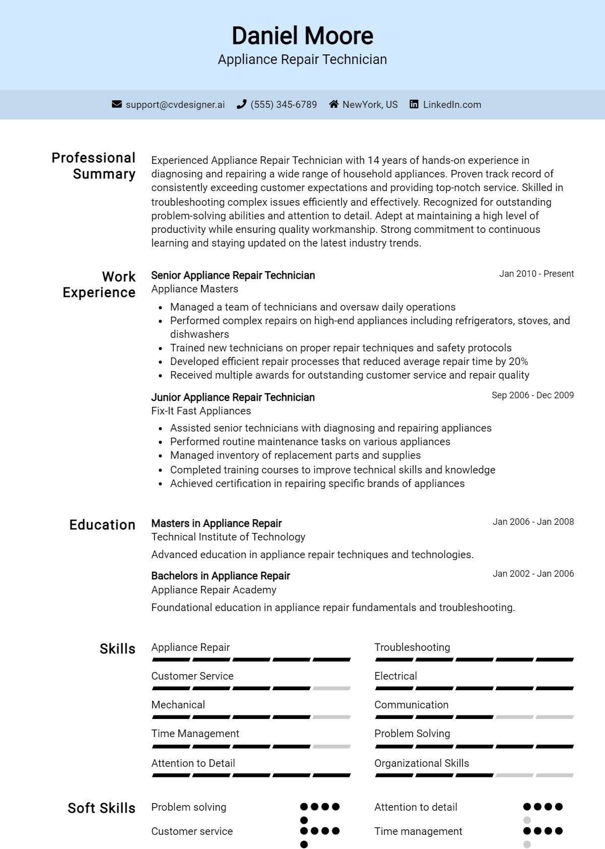 Appliance Repair Technician Resume Example