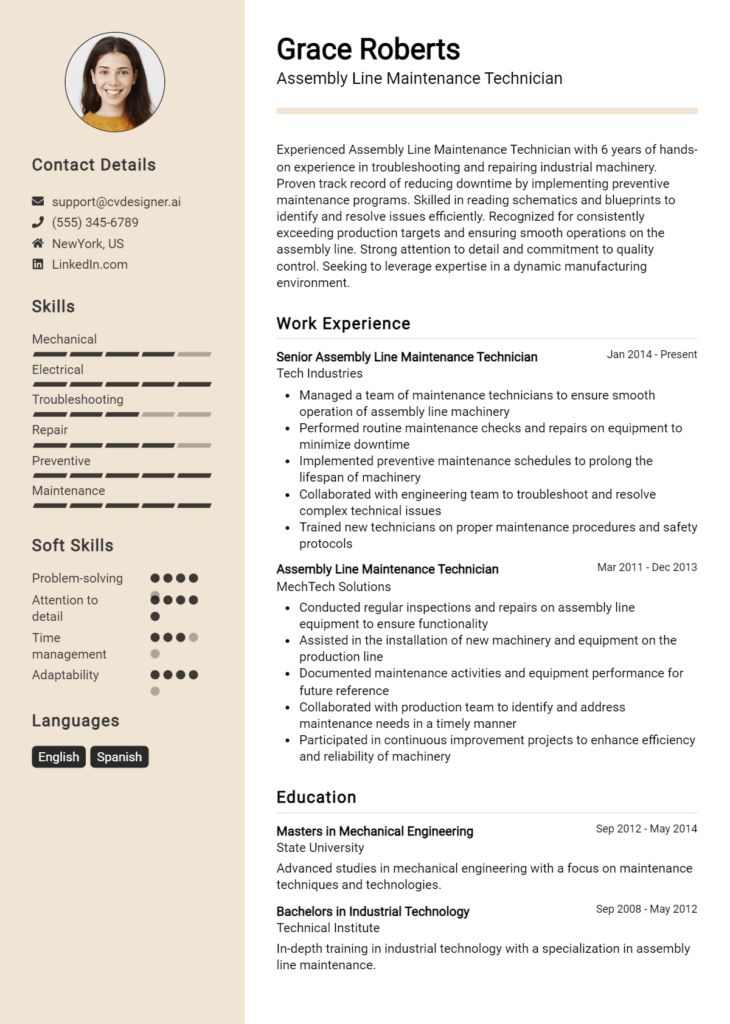 Assembly Line Maintenance Technician Resume Example