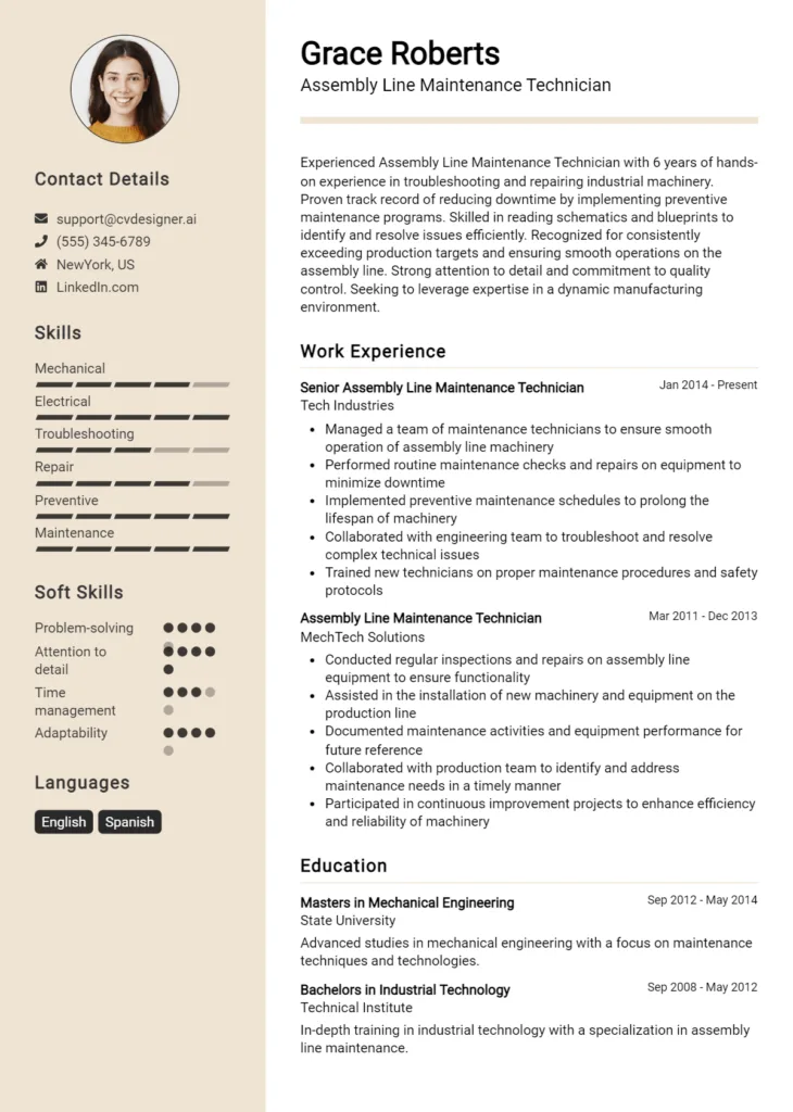 Assembly Line Maintenance Technician Resume Example