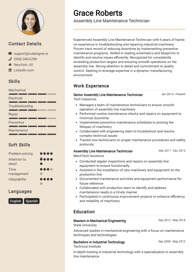 18 Assembly Line Maintenance Technician Resume Examples And Templates for 2025: Top Tips