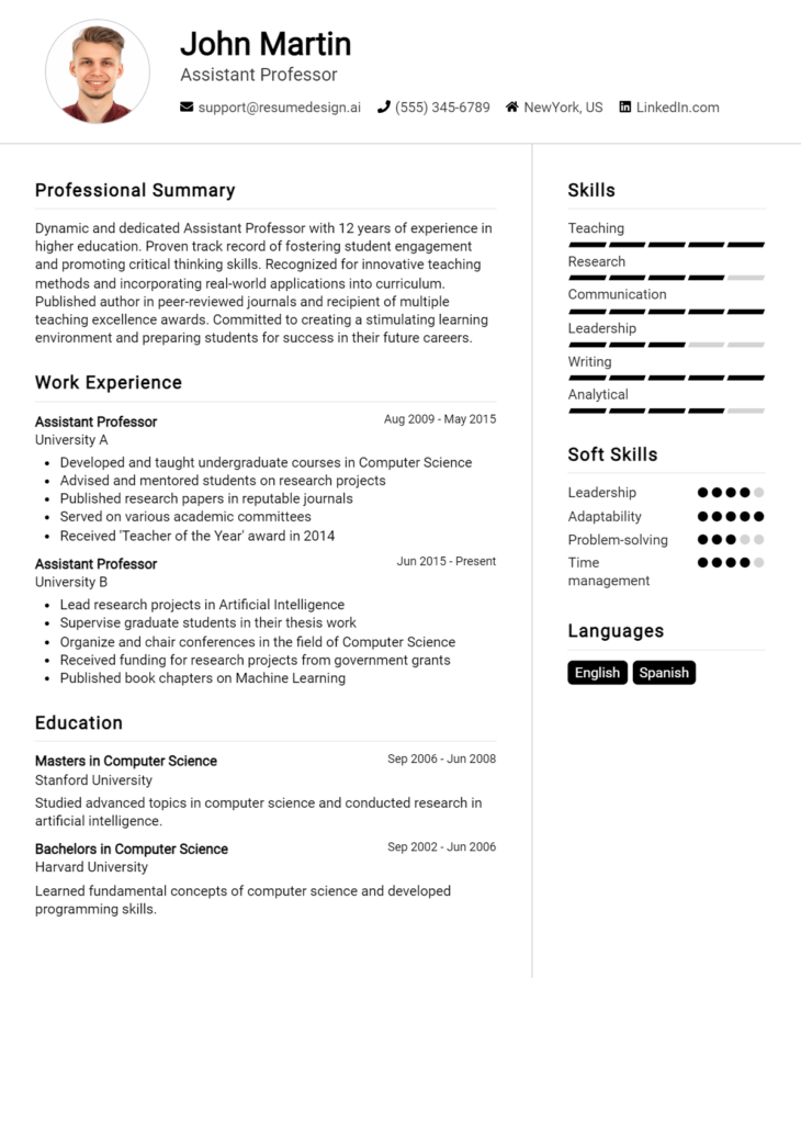 Assistant Professor Resume Example