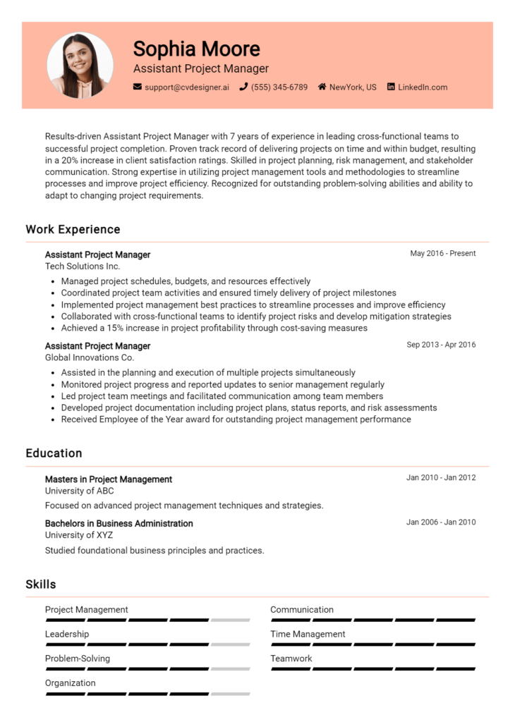 Assistant Project Manager Resume Example