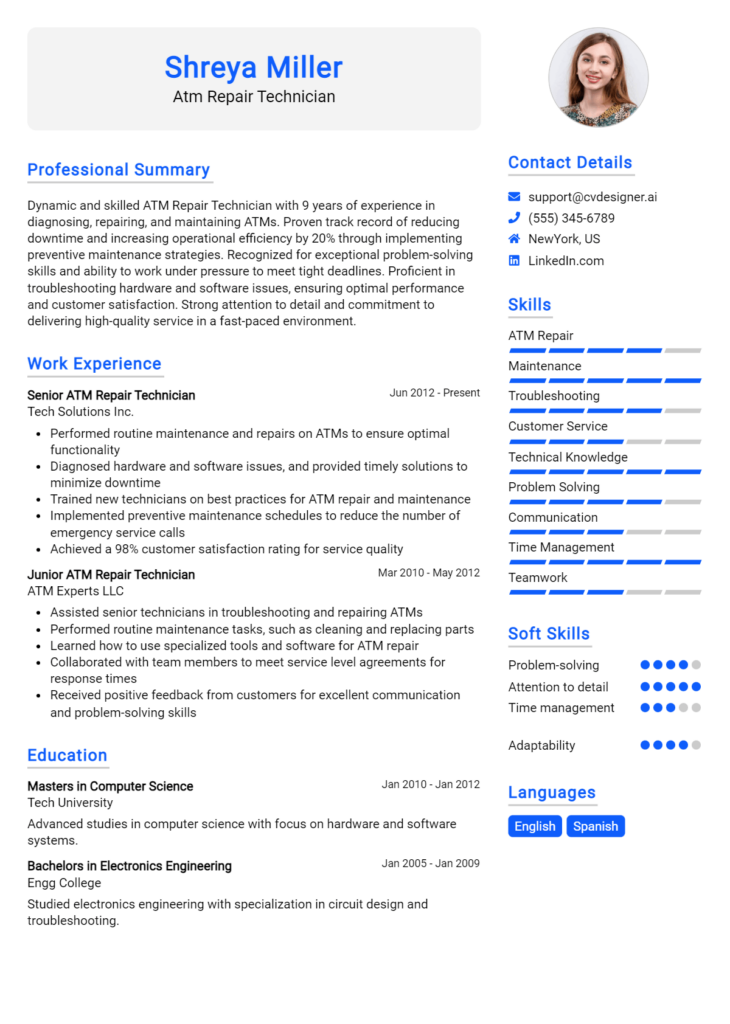 Atm Repair Technician Resume Example