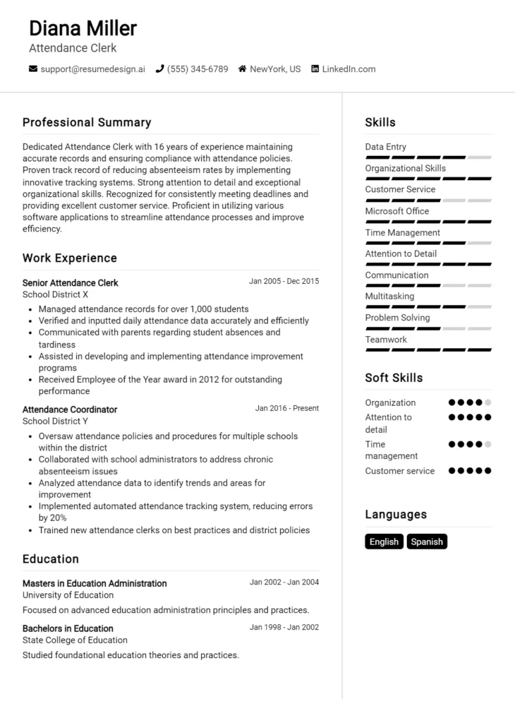 Attendance Clerk Resume Example