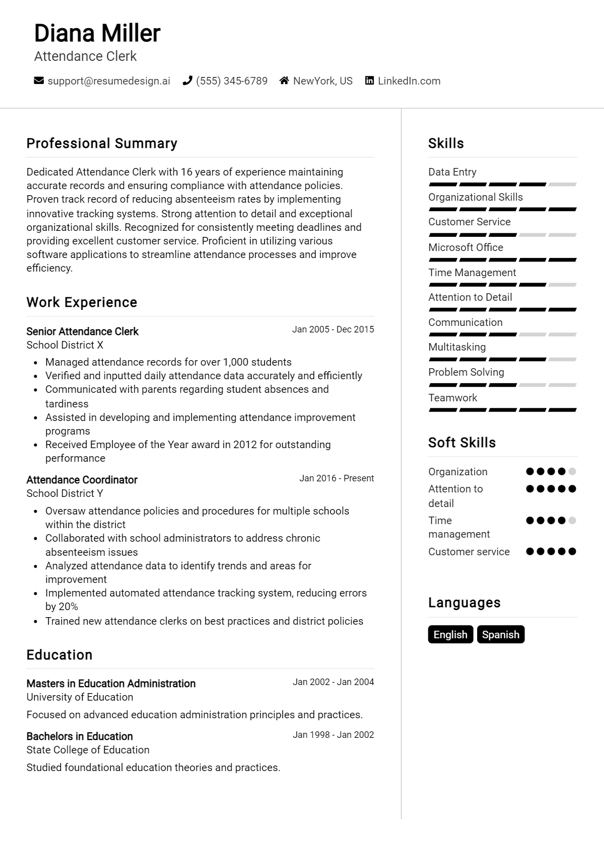 Attendance Clerk Resume Example