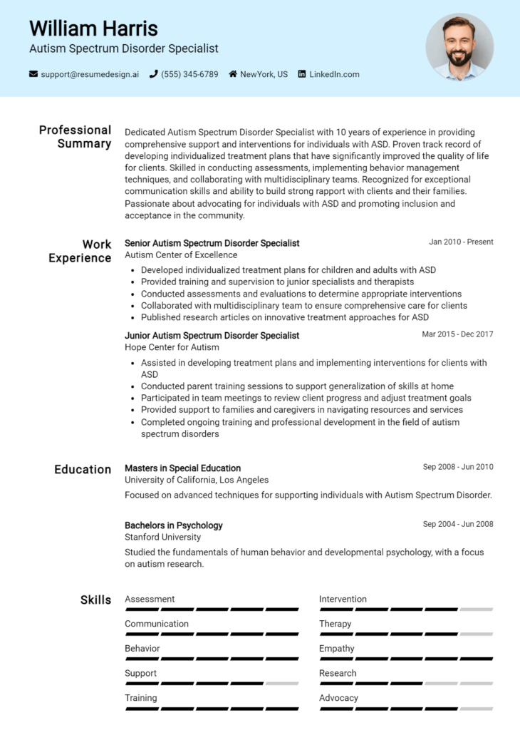 Autism Spectrum Disorder Specialist Resume Example