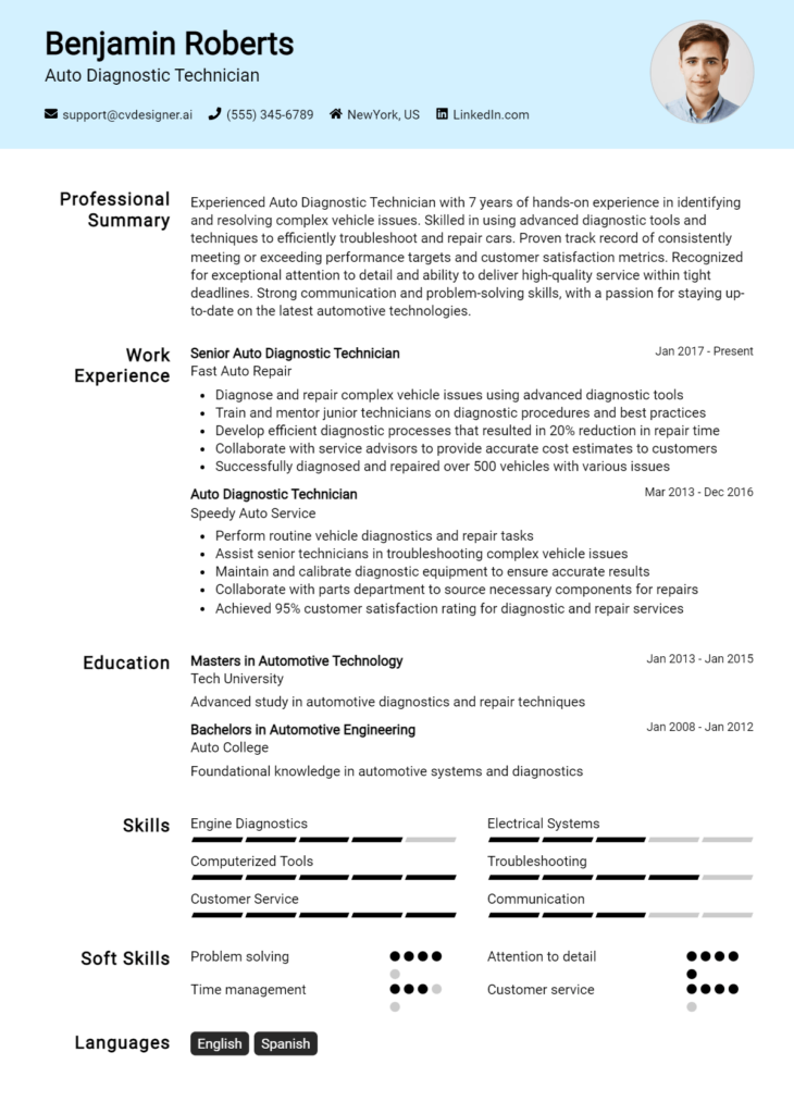 Auto Diagnostic Technician Resume Example