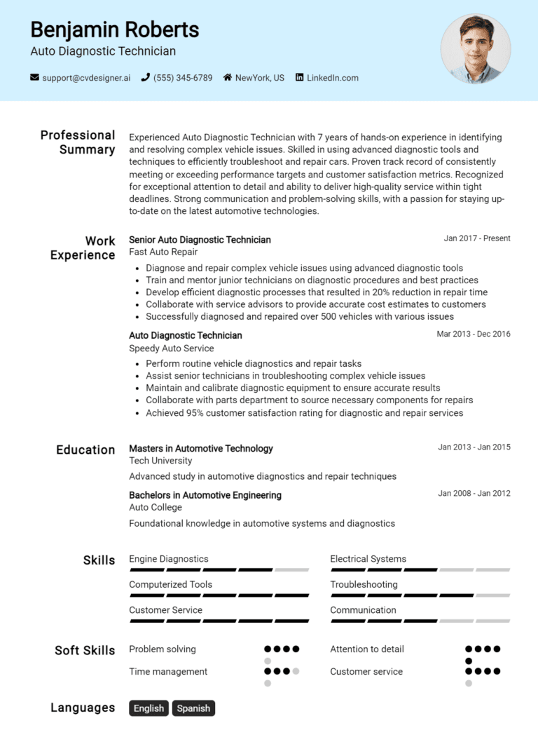 23 Auto Diagnostic Technician Resume Examples And Templates for 2025