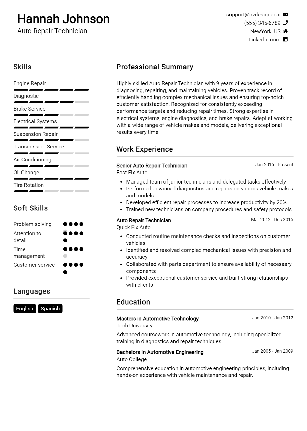 Auto Repair Technician Resume Example